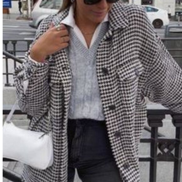 Shein SZ8/10 Houndstooth longline button front shirt or shacket essential office - Picture 1 of 12